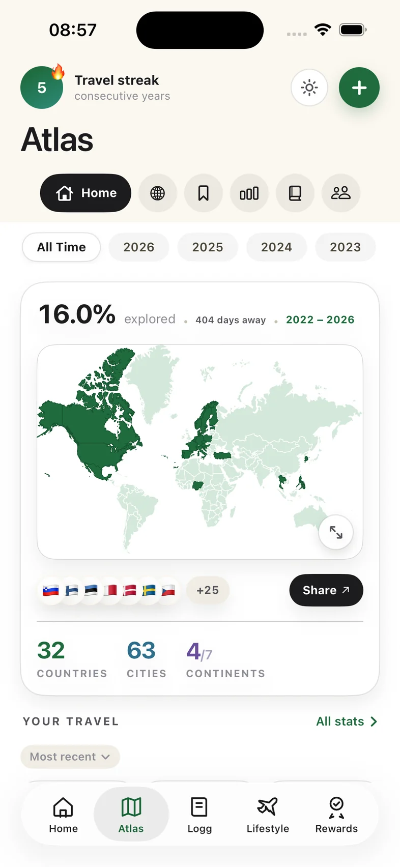 Carreh Atlas showing 16% of the world explored, 32 countries and 63 cities