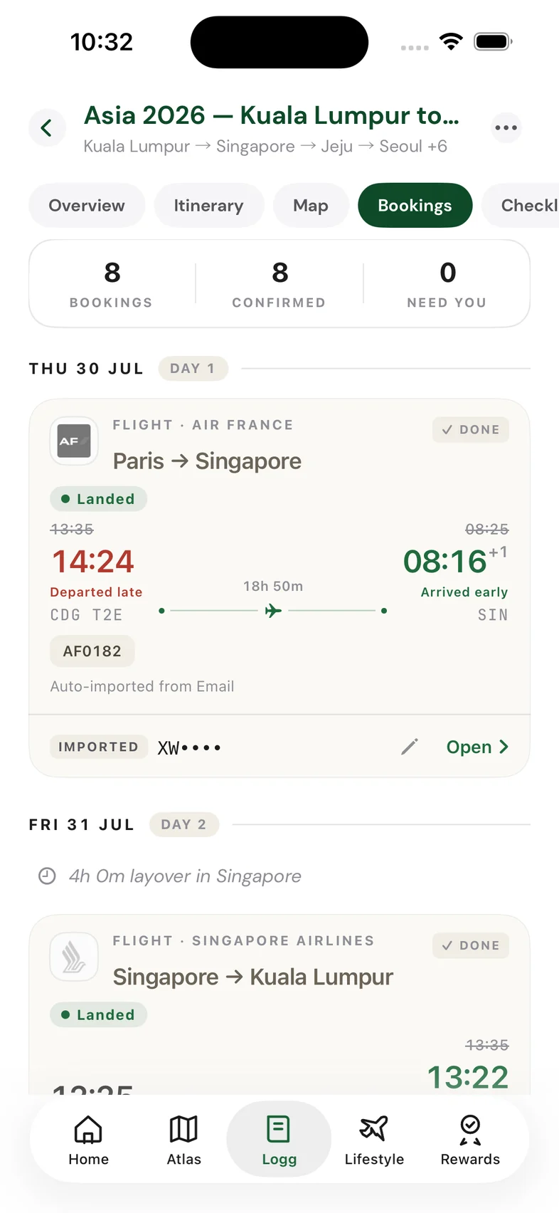 Carreh bookings: every leg of the trip by day, with real arrival and departure times