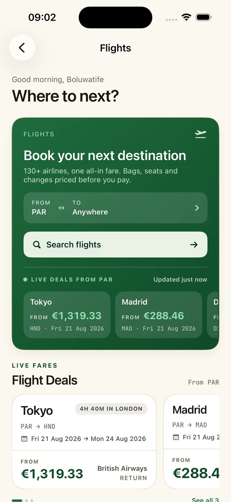 The Carreh app showing a flight with its live status