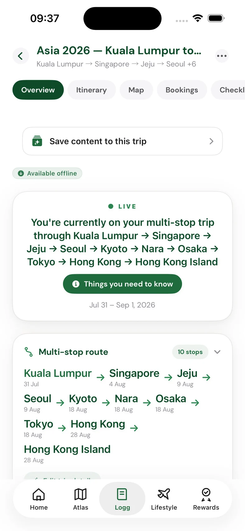 Carreh trip overview: a live 10-stop multi-stop route with offline access