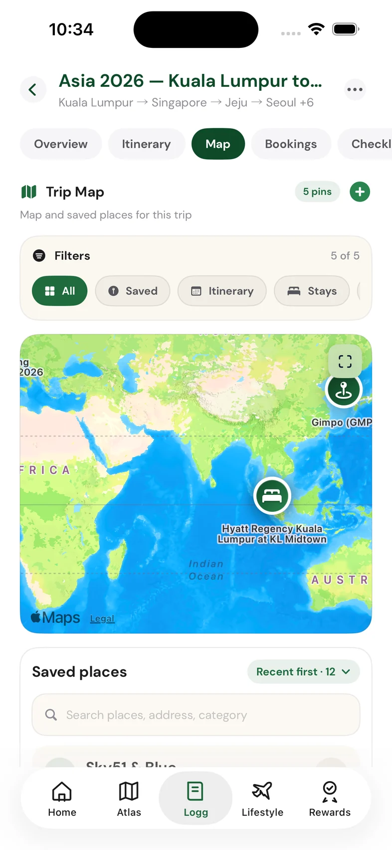 Carreh trip map: saved places and stays pinned across the trip