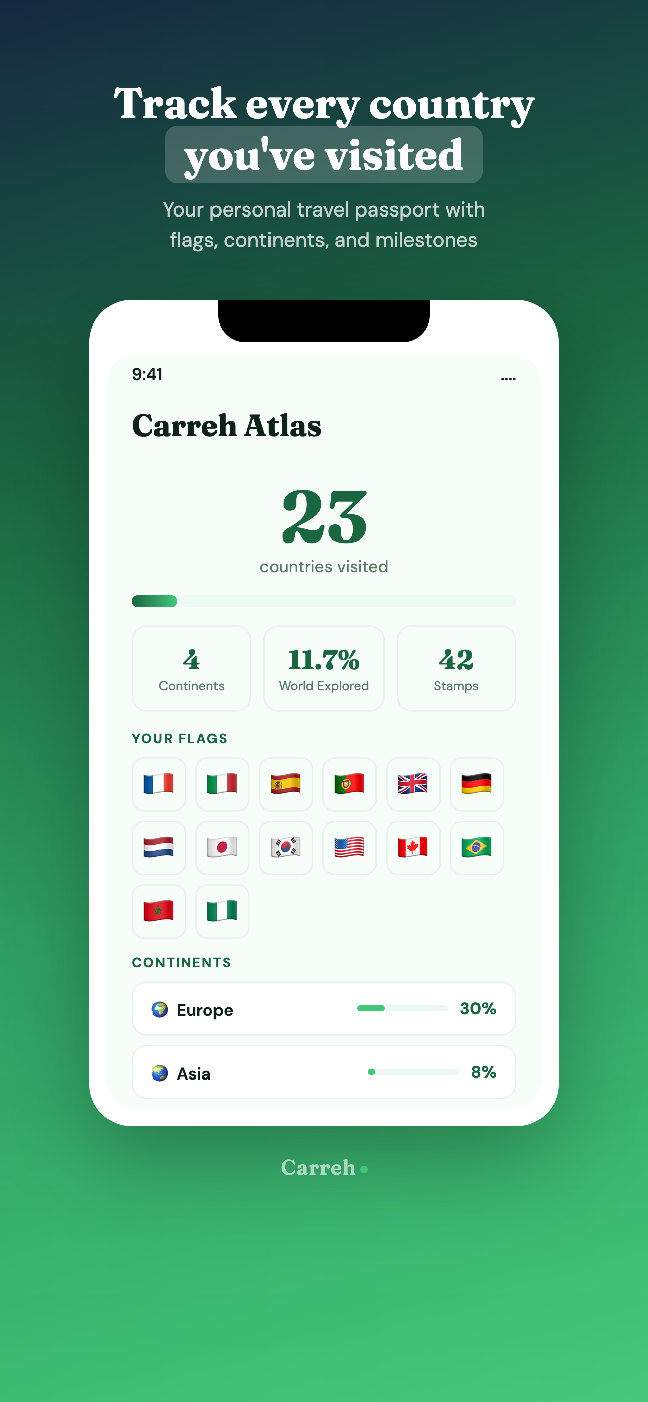 Carreh Atlas screen showing countries visited, goals, badges, and travel stats