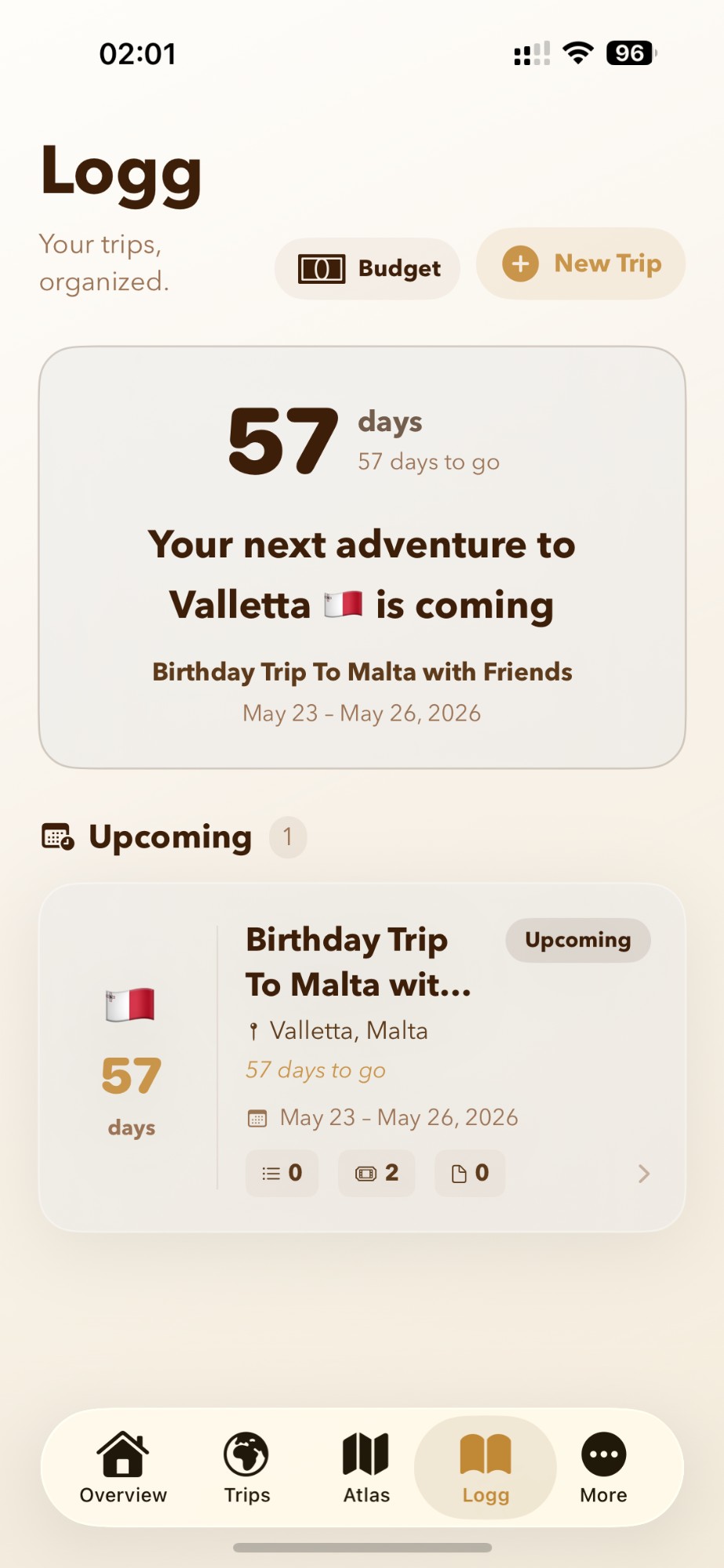Logg — Trip countdown showing 57 days to your next adventure in Valletta