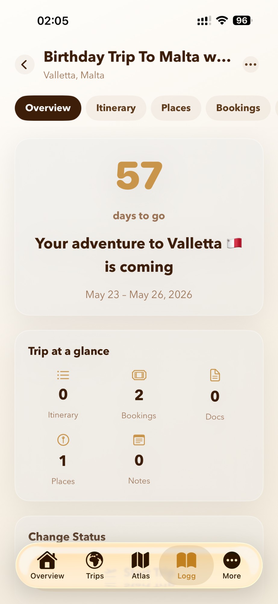 Logg — Trip overview with countdown, stats at a glance