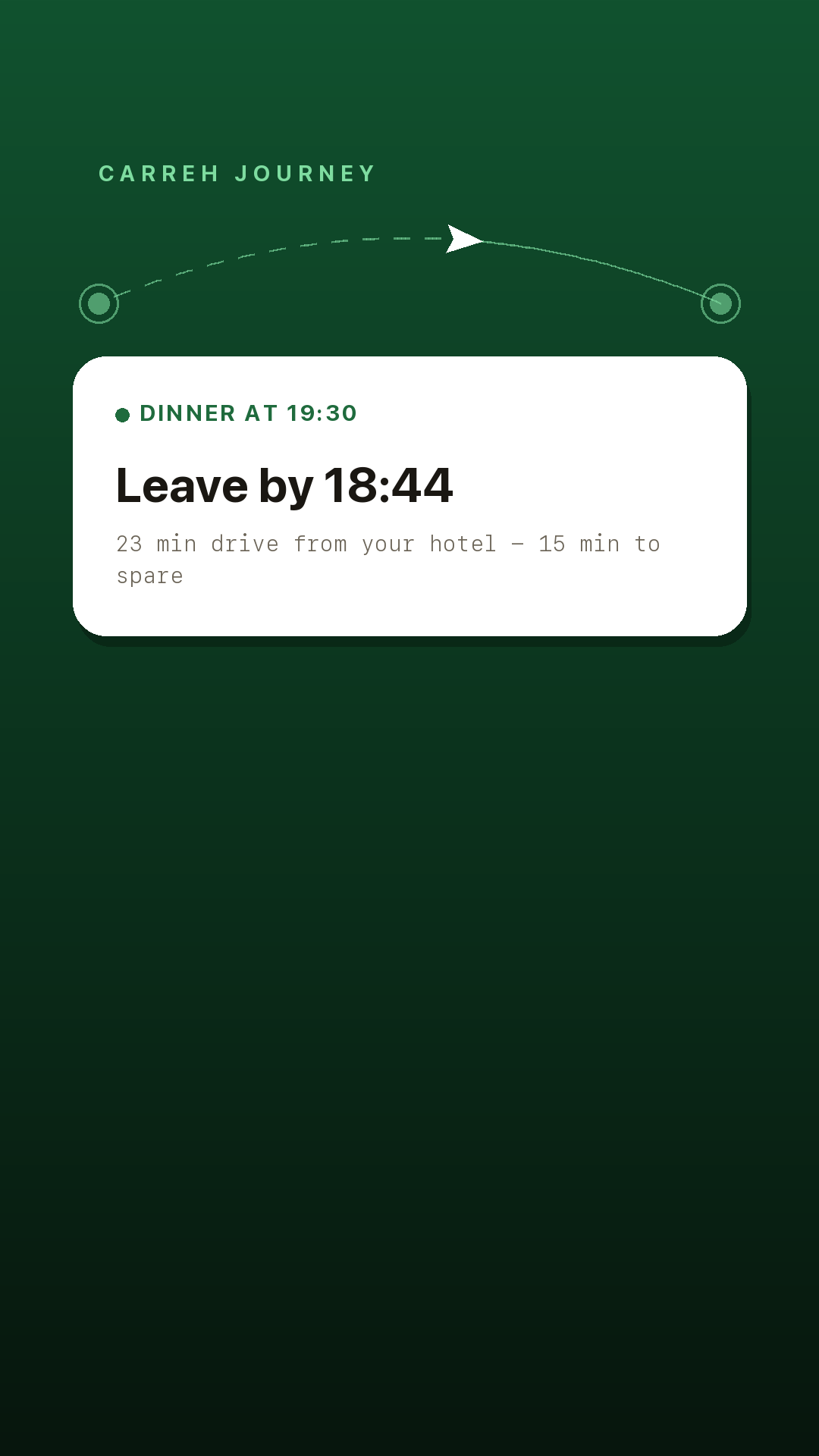 Carreh showing Leave by 18:44 for a 19:30 dinner, a 23 minute drive away
